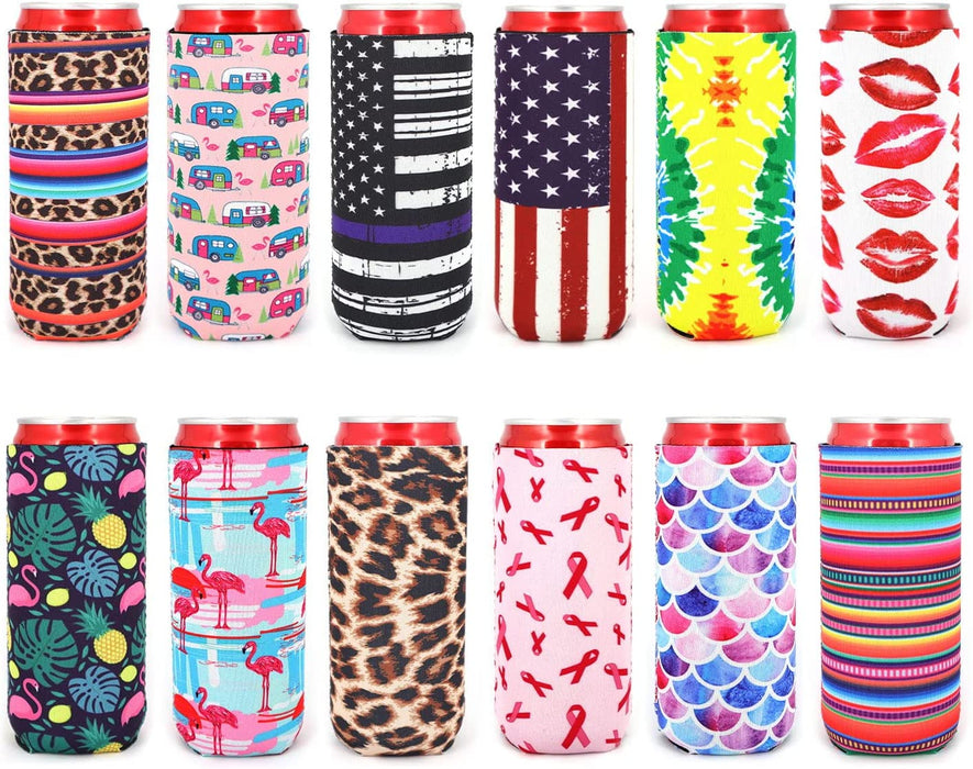 12Pcs Neoprene Slim Beer Can Cooler Tall Stubby Holder Foldable Stubby Holders Beer Cooler Bags Fits 12Oz Slim Energy Drink & Beer (Classic Style)
