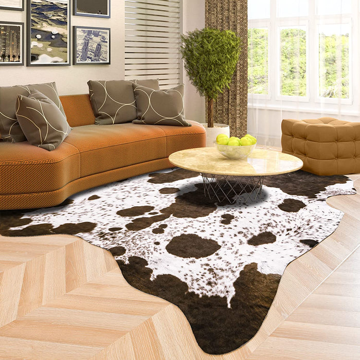 Faux Cowhide Rug 5.2 X 4.6 Feet, Cute Cow Hide Rug for Living Room Bedroom Western Home Decor Faux Fur Cow Print Rugs White and Brown