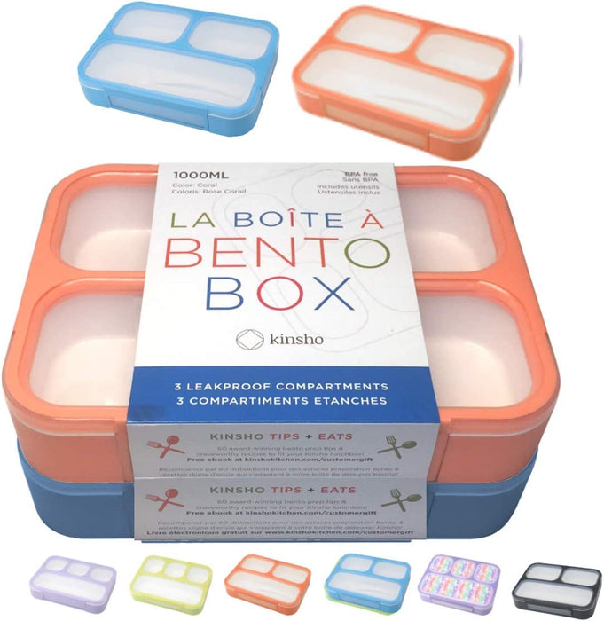 Bento Lunch Box Kids & Adult: Leakproof Lunch Containers for Boys & Girls with 3 Compartments - School, Daycare, Meal Planning Portion Control Container, Bpa-Free Boxes, Utensils | Blue Purple 2 Pack