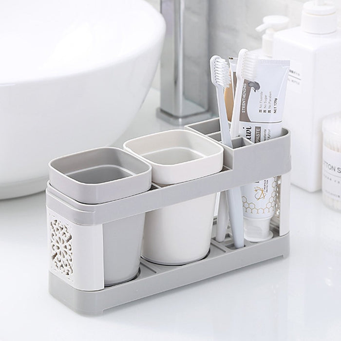 Toothbrush Toothpaste Stand Holder with 2 Cups Bathroom Storage Organizer Plastic White