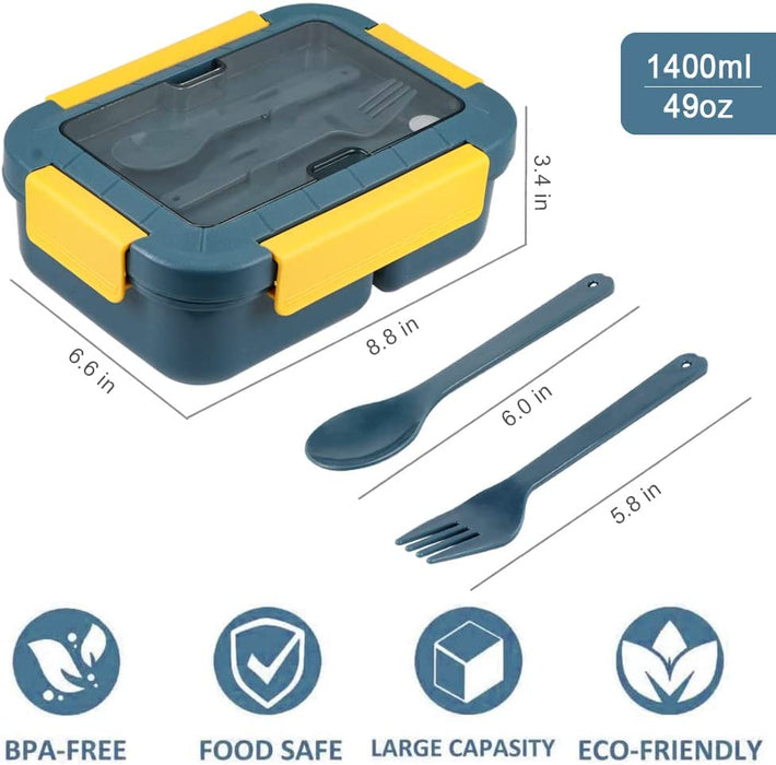 Bento Box, Bento Box for Adults, 49 OZ 3 Compartments Bento Lunch Box with Spoon & Fork, Leakproof Bento Box, Microwave Safe