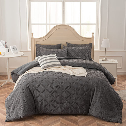 Queen Size Comforter Set Diamond Tufted Design, Lightweight Microfiber Bedding Set, Soft and Fluffy Bed Comforter for All Seasons, Dark Grey