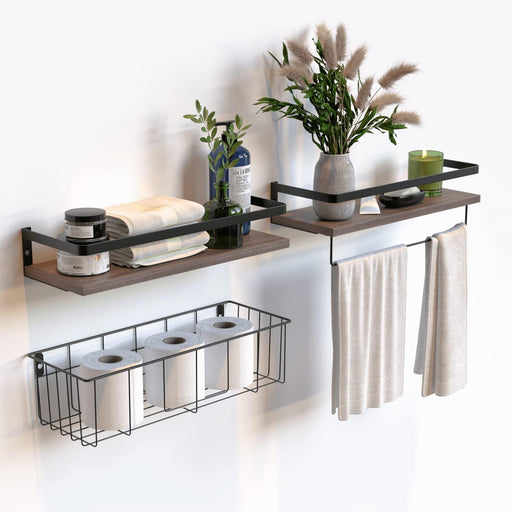 Floating Shelves with Toilet Paper Basket Set, Rustic Wall Shelves with Removable Towel Bar, Farmhouse Floating Bathroom Shelves for Kitchen and Bedroom - Rustic Brown