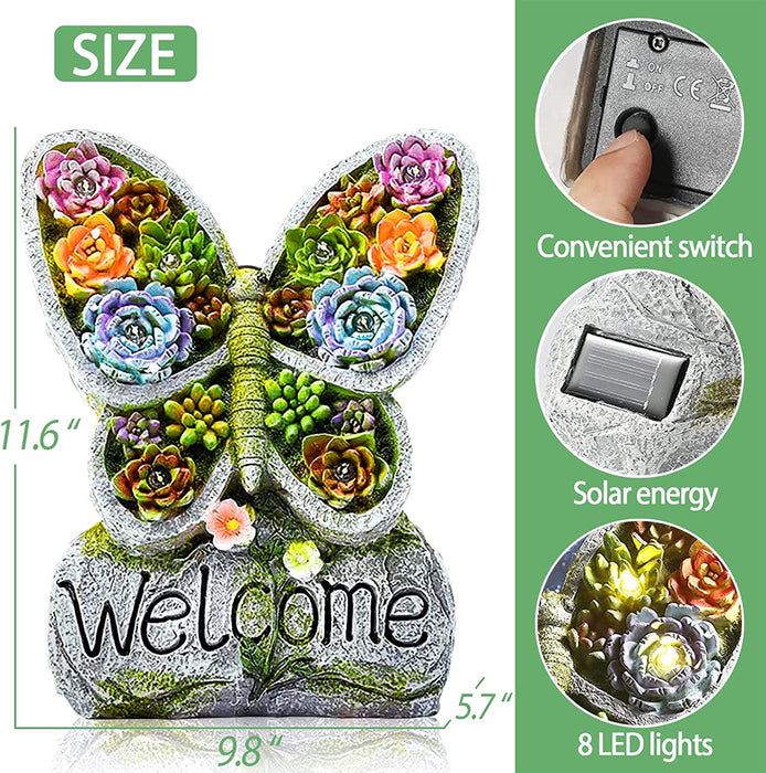 Solar Garden Sculptures & Statues -Succulent Butterfly Resin Craft Garden Statue Outdoor Decor with Solar Powered 8 LED Lights for Garden, Patio, Lawn, Yard, Balcony, Porch’