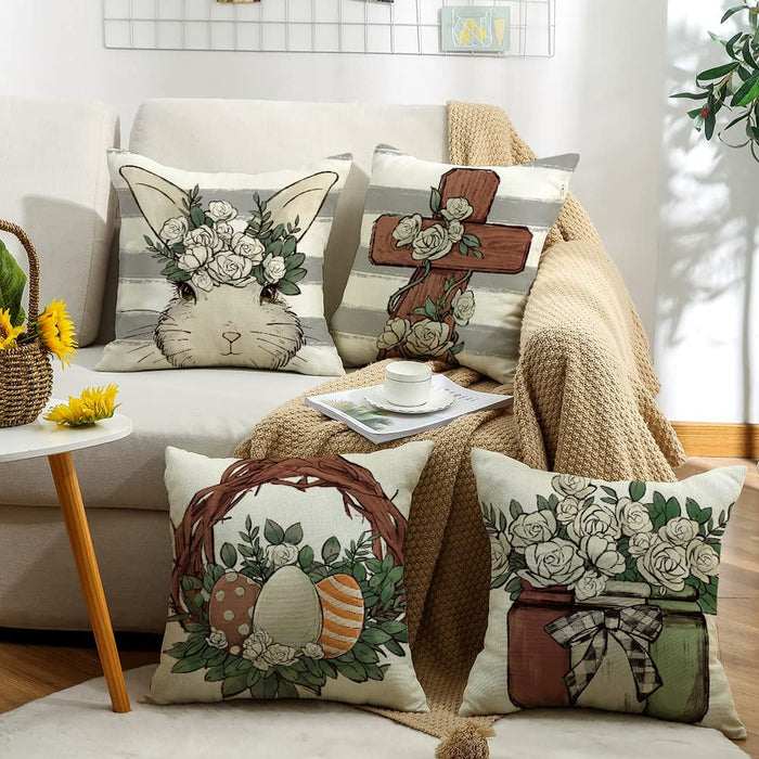Easter Pillow Covers 18X18 Set of 4 Happy Easter Decorations for Spring Farmhouse Bunny Egg Pillows Easter Decorative Throw Pillows for Home Decor…