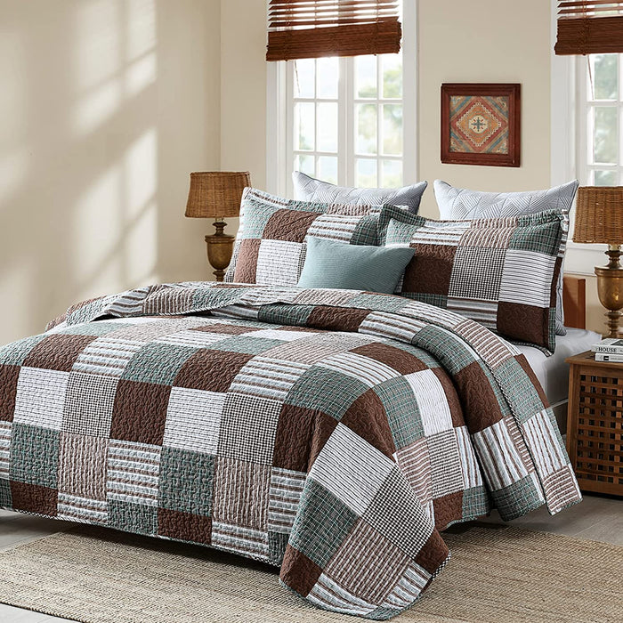 100% Cotton Quilt Set Queen Size, Patchwork Plaid Queen Quilt Bedding Set Bedspreads, Farmhouse Lightweight Comforter Reversible Quilt, Brown/Green Bed Spread for Queen Bed, 3 Pieces