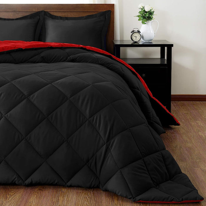 Lightweight Solid Comforter Set (King) with 2 Pillow Shams - 3-Piece Set - Red and Black - down Alternative Reversible Comforter