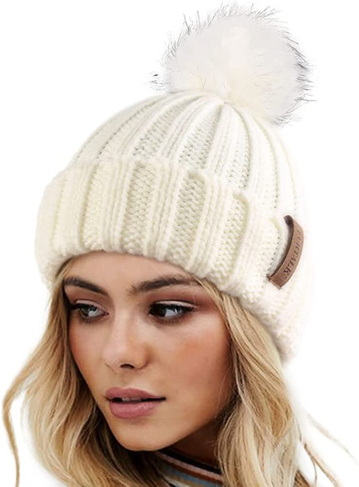 FURTALK Womens Winter Knitted Beanie Hat with Faux Fur Pom Warm Knit Skull Cap Beanie for Women…