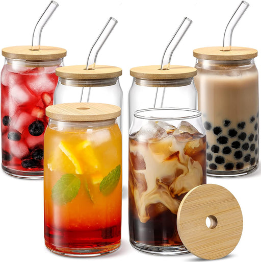 [ 6Pcs Set ] Glass Cups with Bamboo Lids and Glass Straw - Beer Can Shaped Drinking Glasses, 16 Oz Iced Coffee Glasses, Cute Tumbler Cup for Smoothie, Boba Tea, Whiskey, Water - 2 Cleaning Brushes