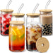 [ 6Pcs Set ] Glass Cups with Bamboo Lids and Glass Straw - Beer Can Shaped Drinking Glasses, 16 Oz Iced Coffee Glasses, Cute Tumbler Cup for Smoothie, Boba Tea, Whiskey, Water - 2 Cleaning Brushes