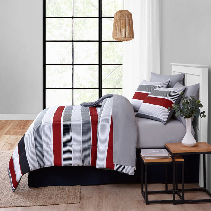 Mainstays Red and Gray Stripe 8 Piece Bed in a Bag Comforter Set with Sheets, King
