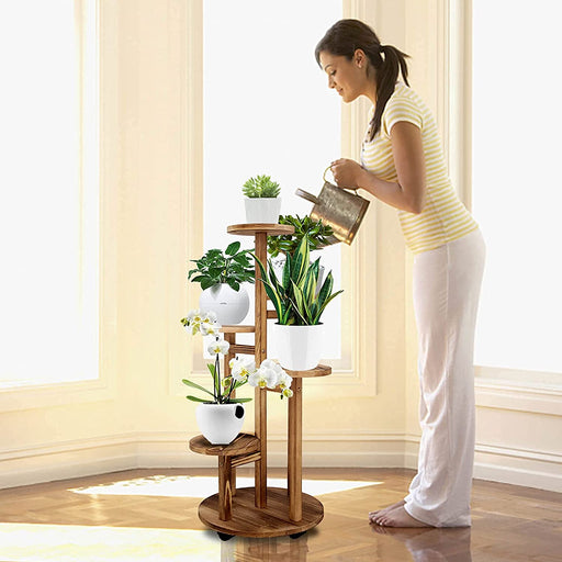 5 Tiered Tall Plant Stand for Indoor Outdoor, Wood Plant Shelf Corner Display Rack, Multi-Tier Planter Pot Holder Flower Stand for Living Room Balcony Garden Patio (Walnut)…