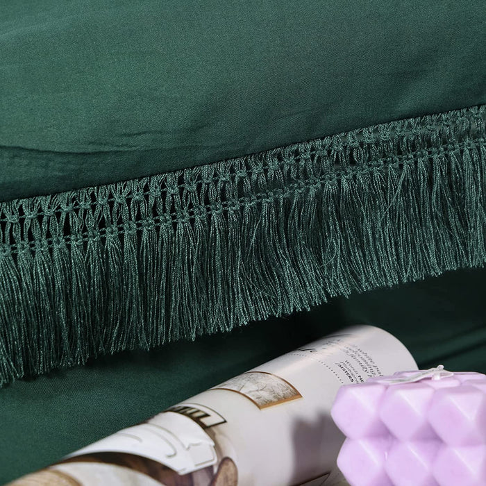 3Pcs Fringe Emerald Green Tassel Comforter Set Queen Boho Bohemian Cute Soft Tufted Microfiber Bedding Sets Modern Style for Men and Women (1Comforter + 2 Pillowcases)