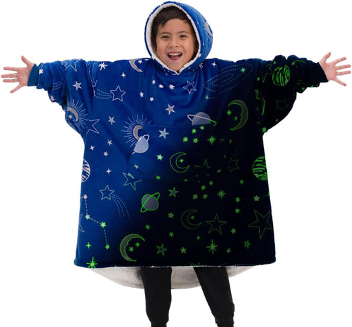 JR | the Original Oversized Microfiber & Sherpa Glow in the Dark Wearable Blanket for Kids, Seen on Shark Tank, One Size Fits All (Blue Glow Outerspace)