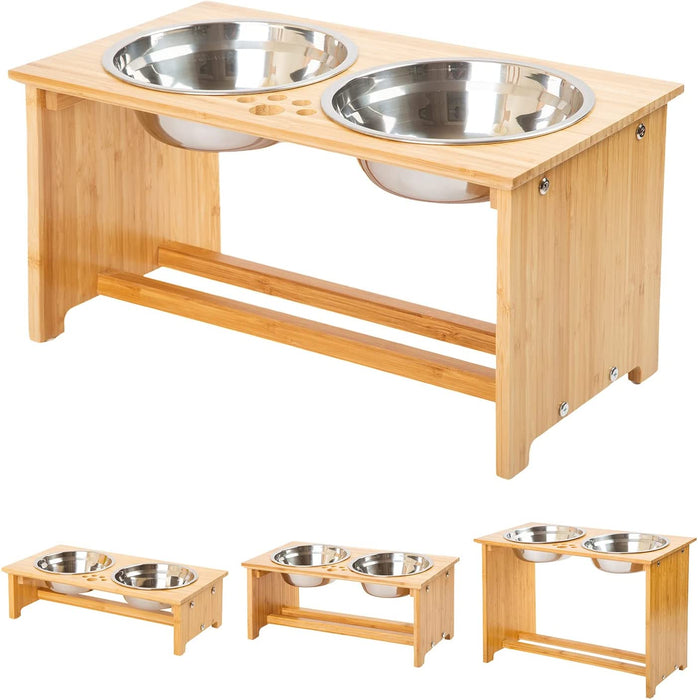 Raised Pet Bowls for Small and Medium Dogs, Bamboo Elevated Dog Cat Food and Water Bowls Stand Feeder with 2 Stainless Steel Bowls and anti Slip Feet (New 7'' Tall)