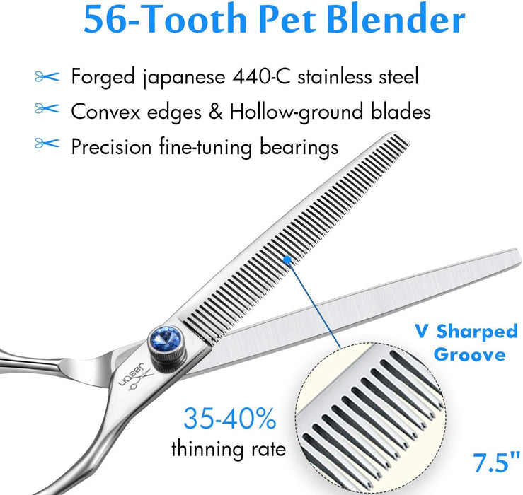 7.5" 56-Tooth Blending Dogs Grooming Scissors Cats Thinning Shears Pets Blender Thinner Trimming Texturizing Kit with Offset Handle Blue Jewelled Screw (7.5 Inch)