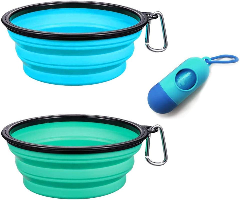 Collapsible Dog Bowls, Portable Travel Dog Bowls, Expandable for Cat Dog Water Bowls Food Feeding, 2 Pack Silicone Pet Bowls with Waste Bag Dispenser