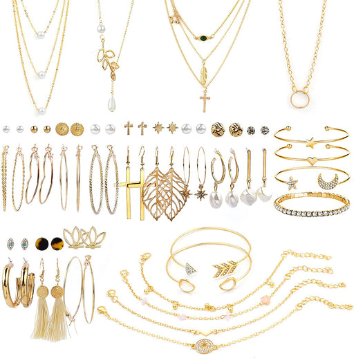 38 PCS Gold Jewelry Set with 4 PCS Necklace,10 PCS Bracelet,24 PCS Layered Ball Dangle Hoop Stud Earrings for Women Girls Jewelry Fashion and Valentine Birthday Party Gift