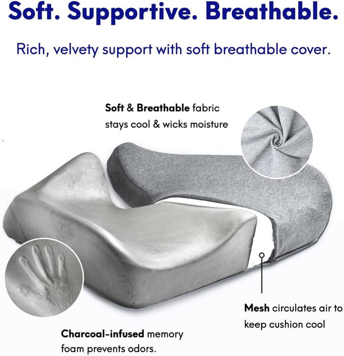 Patented Pressure Relief Seat Cushion for Long Sitting Hours on Office/Home Chair, Car, Wheelchair - Extra-Dense Memory Foam for Hip, Tailbone, Coccyx, Sciatica - Light Grey