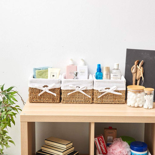 Natural Woven Seagrass Wicker Storage Nest Baskets Shelf Organizer Container Bins with Liner - Set of 4 ( 7 X 7 X 5.5 Inches)