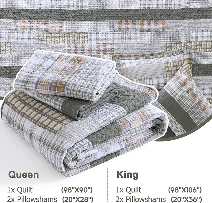 Quilt Queen Size 100% Cotton Queen Size Quilts Greyish Green White Bedspreads Plaid Quilts Lightweight Soft Breathable Bedding Sets for All Season, 3 Piece