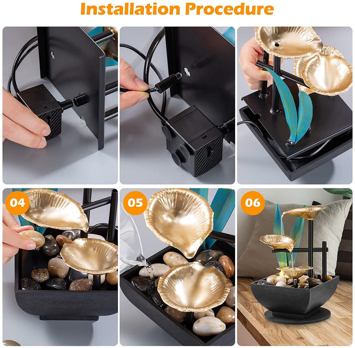 Tabletop Fountain Desktop 3-Tier Indoor Golden Lotus Leaf Relaxation Fountains Waterfall, Office Home Decor Including Lots of Natural River Rocks and Warm Yellow Scene Light, AM-MR2005