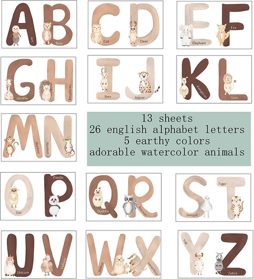 Neutral Animal Alphabet Wall Decals - 6-Inch Large Alphabet Letters for Wall | 26 English Abc Wall Stickers for Kids Featuring Cute Watercolor Animals | Perfect Abc Wall Decor for Neutral Nursery, Earthy Playroom, or Boho Classroom Decor
