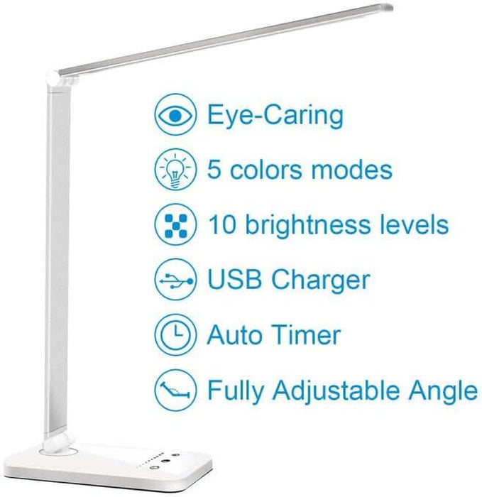 LED Desk Lamp Dimmable Table Lamp Reading Lamp with USB Charging Port, 5 Lighting Modes, Sensitive Control, 30/60 Minutes Auto-Off Timer, Eye-Caring Office Lamp