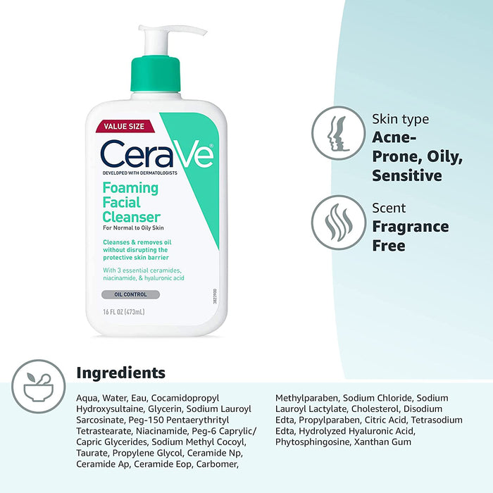 Foaming Facial Cleanser | Daily Face Wash for Oily Skin with Hyaluronic Acid, Ceramides, and Niacinamide| Fragrance Free Paraben Free | 16 Fluid Ounce