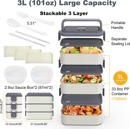 Bento Box Lunch Box, Adult Lunch Container with 3L Large Capacity, Microwave Safe 3 Layers Stackable Lunch Box, Leakproof Food Container with Dividers and Sauce Boxes for Kids and Adults