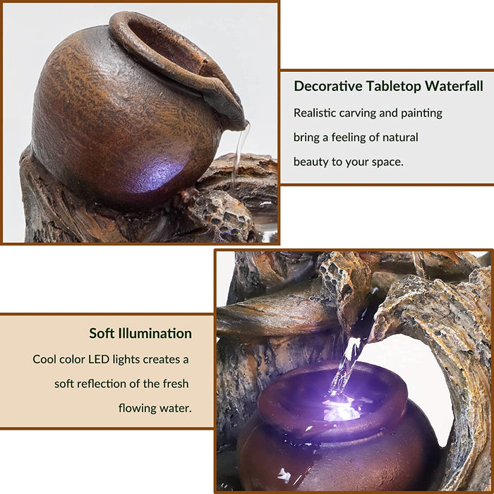 Tabletop Water Fountain Indoor - Tree Trunk with Jar Rustic Fountains Small Feng Shui Zen Waterfall Fountain W/ LED Light & Soothing Sounds for Office Home Desktop Decor (Brown)