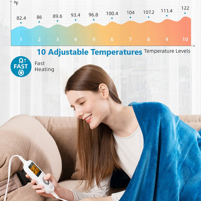 Electric Blanket Heated Blanket 50" X 60" Flannel Heated Throw with 10 Heating Levels, Auto-Off, Machine Washable, Blue