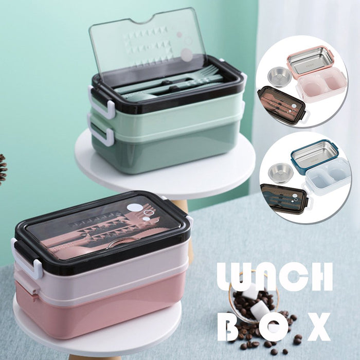 Bento Boxes 2-Layer 3-Compartment Bento Lunch Box with Spoon & Fork Portable Food Warmer School Lunch Box Bento for Children,Kids and Adult Portable Picnic Storage Boxes