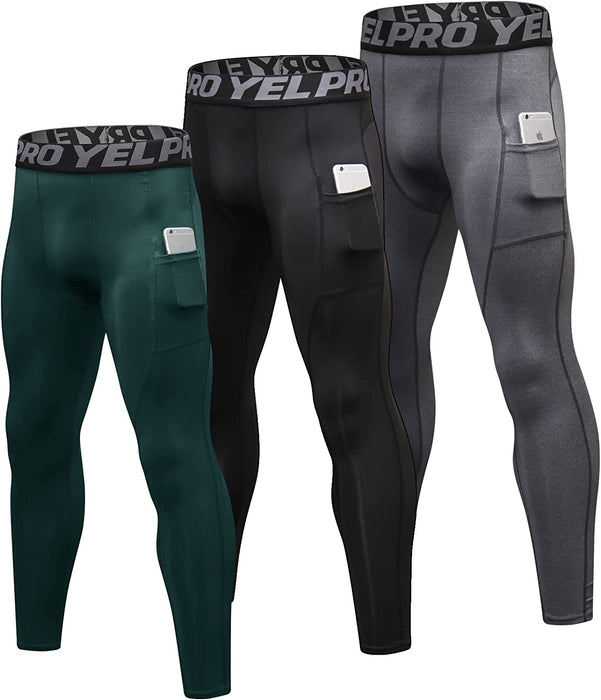 3 Pack Men'S Compression Pants Cool Dry Athletic Tights Sport Leggings with Pocket Baselayer for Running Football Yoga
