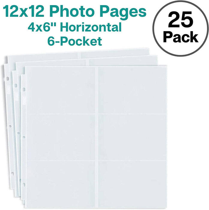 Photo Album Refill Pages 12X12 - (4X6 Landscape, 25 Pack) Holds 300 4X6" Photos, 4X6 Photo Sleeves for 3 Ring Binder, D-Ring Scrapbook Album 12X12, Archival Quality Page Protectors 12X12