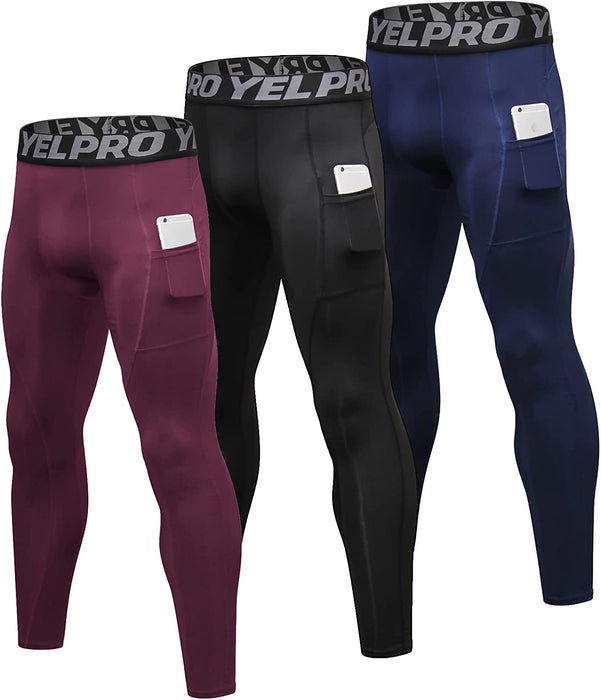 3 Pack Men'S Compression Pants Cool Dry Athletic Tights Sport Leggings with Pocket Baselayer for Running Football Yoga
