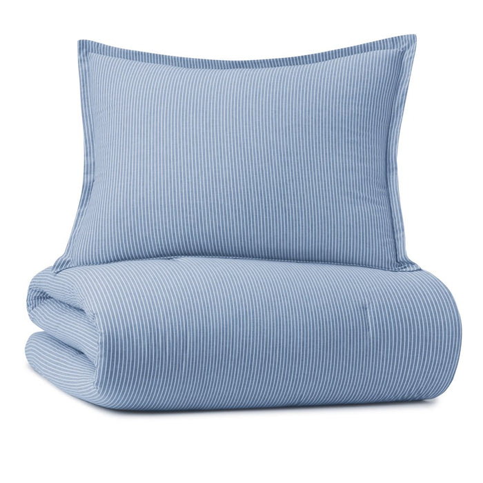 Yarn Dyed Washed Chambray Stripe Reversible Organic Cotton Comforter Set, Full/Queen, Blue, 3-Pieces