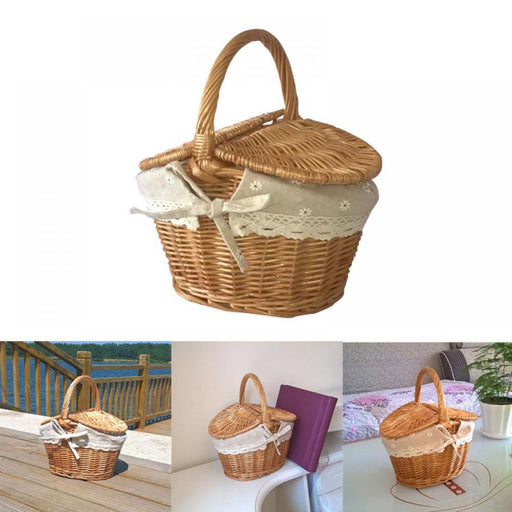 Handmade Woven Rattan Basket with Handle and Double Lids Camping Piic Food Storage Container Organizer