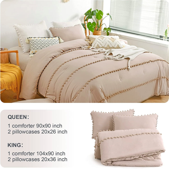 Taupe King Comforter Set Boho Bedding,Pom Pom Bohemian Bed Comforter King Bedding Set Lightweight 3 Pieces
