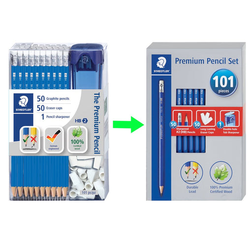 HB #2 Blue Wood Cased Pencils, 50Ct with 50 Eraser Caps, 1 Pencil Sharpener
