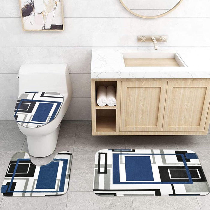 Blue Black Geometric Pattern Polyester Shower Curtain and Rug Sets Bathroom Decor Set, Waterproof Shower Curtain with 12 Hooks and Toilet Rugs