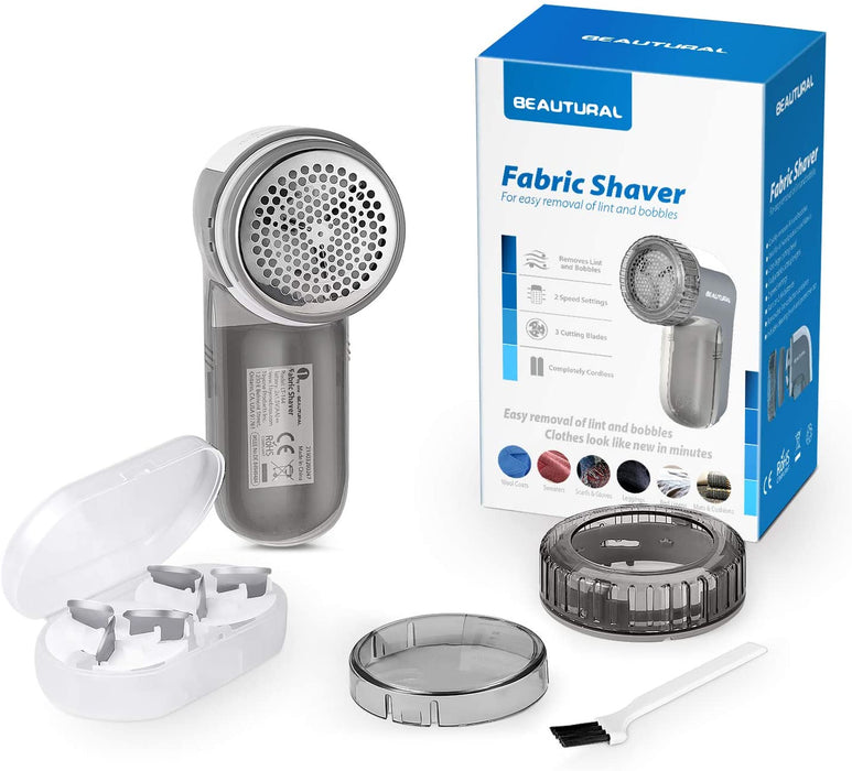 Fabric Shaver and Lint Remover, Sweater Defuzzer with 2-Speeds, 2 Replaceable Stainless Steel Blades, Battery Operated, Remove Clothes Fuzz, Lint Balls, Pills, Bobbles Gray
