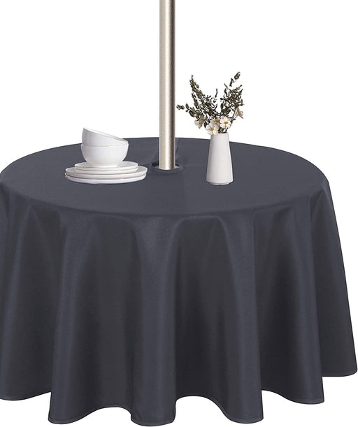 Outdoor and Indoor Tablecloth - Washable Waterproof Wrinkle Free Table Cloth with Zipper and Umbrella Hole for Spring/ Summer/ Party/ Picnic/ BBQS/ Patio (Round 60 Inch, Grey)