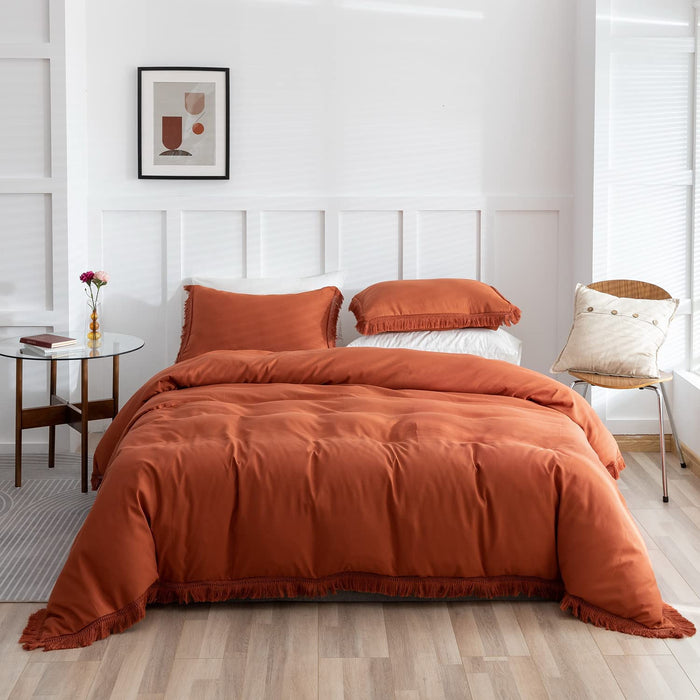 Terracotta Comforter Set Queen Size, 3 Pcs Boho Fringe Tufted Soft Microfiber Bedding Sets, Tassel Burnt Orange Comforter Sets for All Season (1 Comforter + 2 Pillowcases)