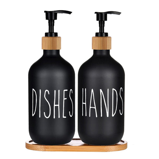 Dish Soap Dispenser and Hand Soap Dispenser with Bamboo Pump and Tray 16 Oz Matte Black Soap Dispenser Set for Kitchen