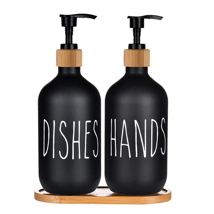Dish Soap Dispenser and Hand Soap Dispenser with Bamboo Pump and Tray 16 Oz Matte Black Soap Dispenser Set for Kitchen