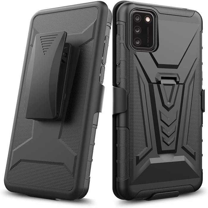 Alcatel TCL A3X A600DL Belt Clip Holster Kickstand Shock Proof Phone Case with Tempered Glass Screen Protector - Black