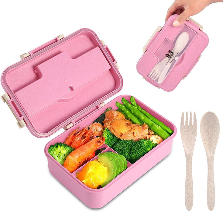 Bento Box for Kids Adults Lunch Box with 3 Compartment,Wheat Fiber Leak Proof Food Container with Spoon & Fork,1200Ml Lunch Boxes Containers for Men Women (Model2-Blue)
