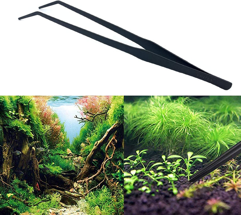 FRUTA Aquarium Tweezers Stainless Steel Curved Tweezer with Carbonation Protection Coating against Rust Long Reptiles Feeding Tongs for Aquatic Plants Spider Snakes Lizards, 15 Inch - Black Curved