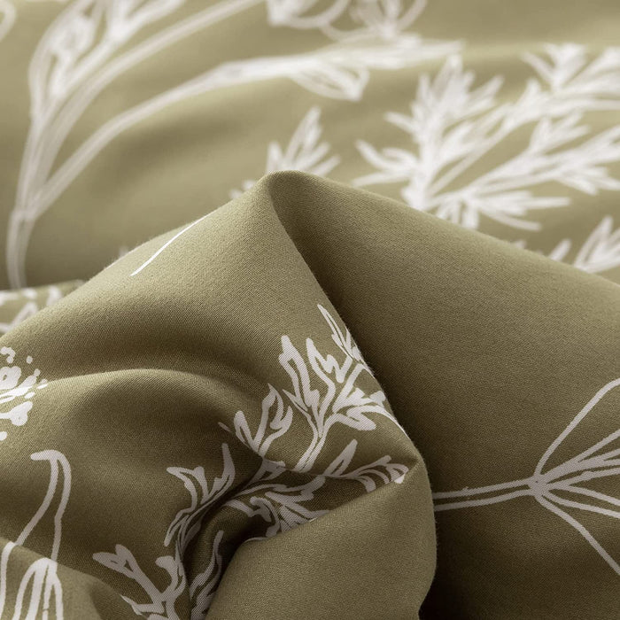 Queen Comforter Sets Olive Green Comforter,3 PCS Bedding Sets Floral Comforter Set Plant Flowers Printed on Green Comforter Set